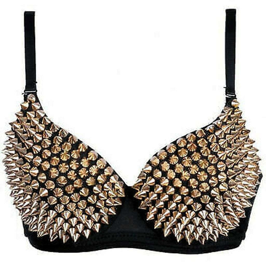 Rock Style Dancing Leather Bra Gold Striking Metallic Rivets Studded - Luxurena Leather