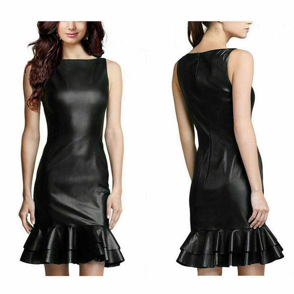 Women's Real Soft Leather Mini Sleeveless Black Flared Party Wear