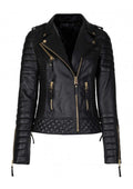 Men's Genuine Leather Slim Fit Diamond Quilted Motorcycle Biker Black Jacket - Luxurena Leather