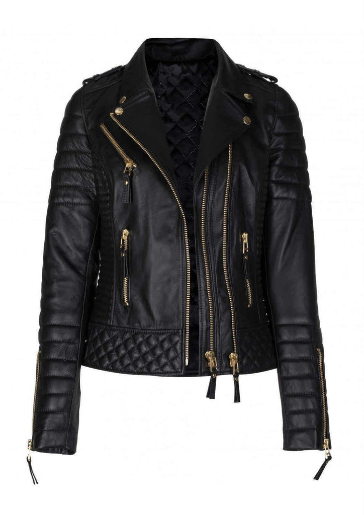 Men's Genuine Leather Slim Fit Diamond Quilted Motorcycle Biker Black Jacket - Luxurena Leather