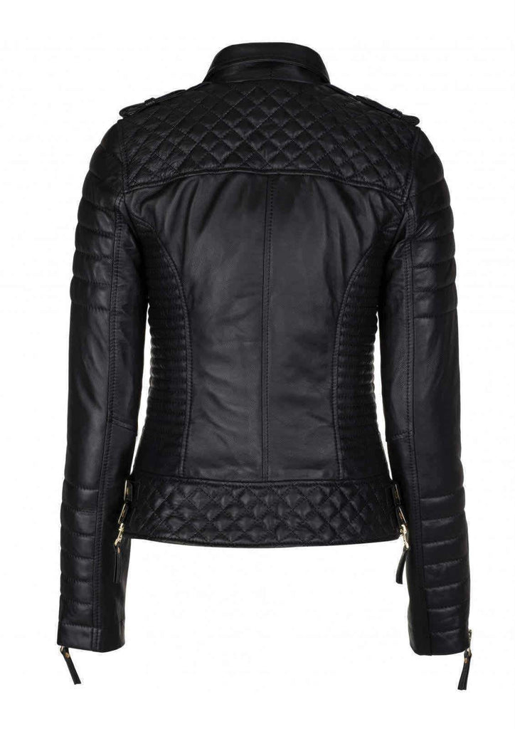Men's Genuine Leather Slim Fit Diamond Quilted Motorcycle Biker Black Jacket - Luxurena Leather