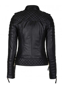 Men's Genuine Leather Slim Fit Diamond Quilted Motorcycle Biker Black Jacket - Luxurena Leather