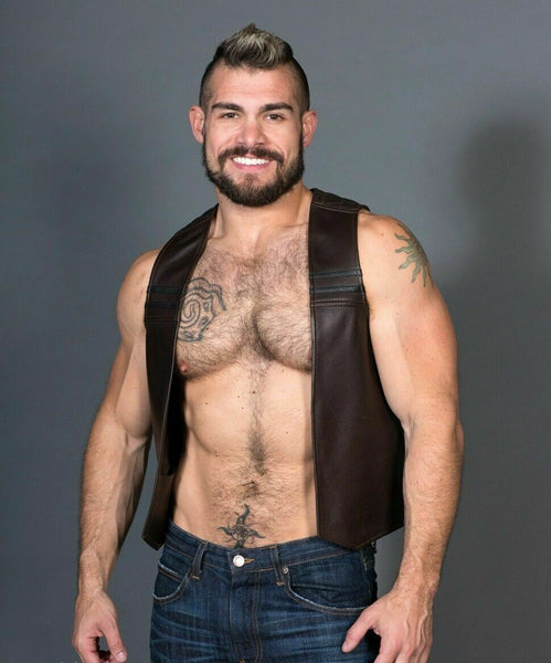 Men's SPORT QUILTED BAR VEST Genuine Leather Contrast Stitching Cropped Men