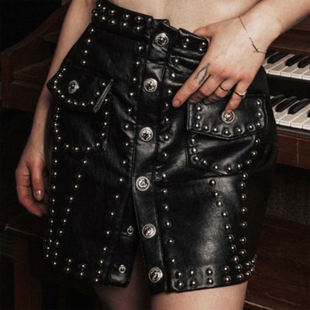 WOMEN LEATHER SKIRT STEAMPUNK MINI SKIRT STUDS BLACK LEATHER GOTHIC SKIRT - Luxurena Leather