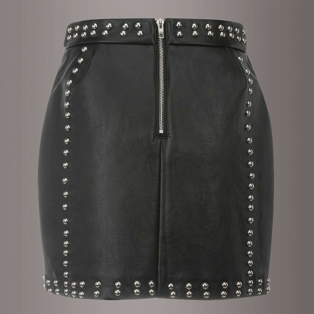 WOMEN LEATHER SKIRT STEAMPUNK MINI SKIRT STUDS BLACK LEATHER GOTHIC SKIRT - Luxurena Leather