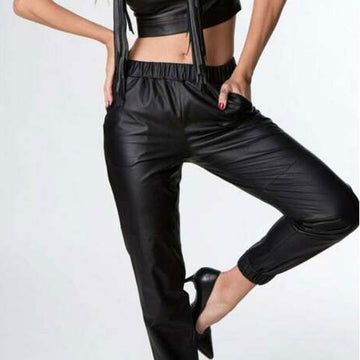 Leather Sweat Sexy Pants Women Casual High Waist Elastic Waistband - Luxurena Leather
