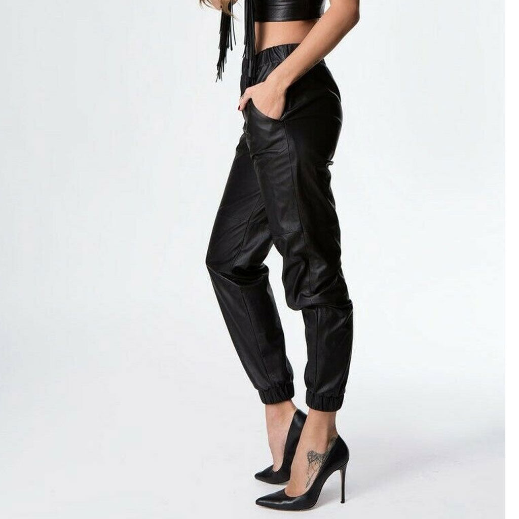 Leather Sweat Sexy Pants Women Casual High Waist Elastic Waistband - Luxurena Leather