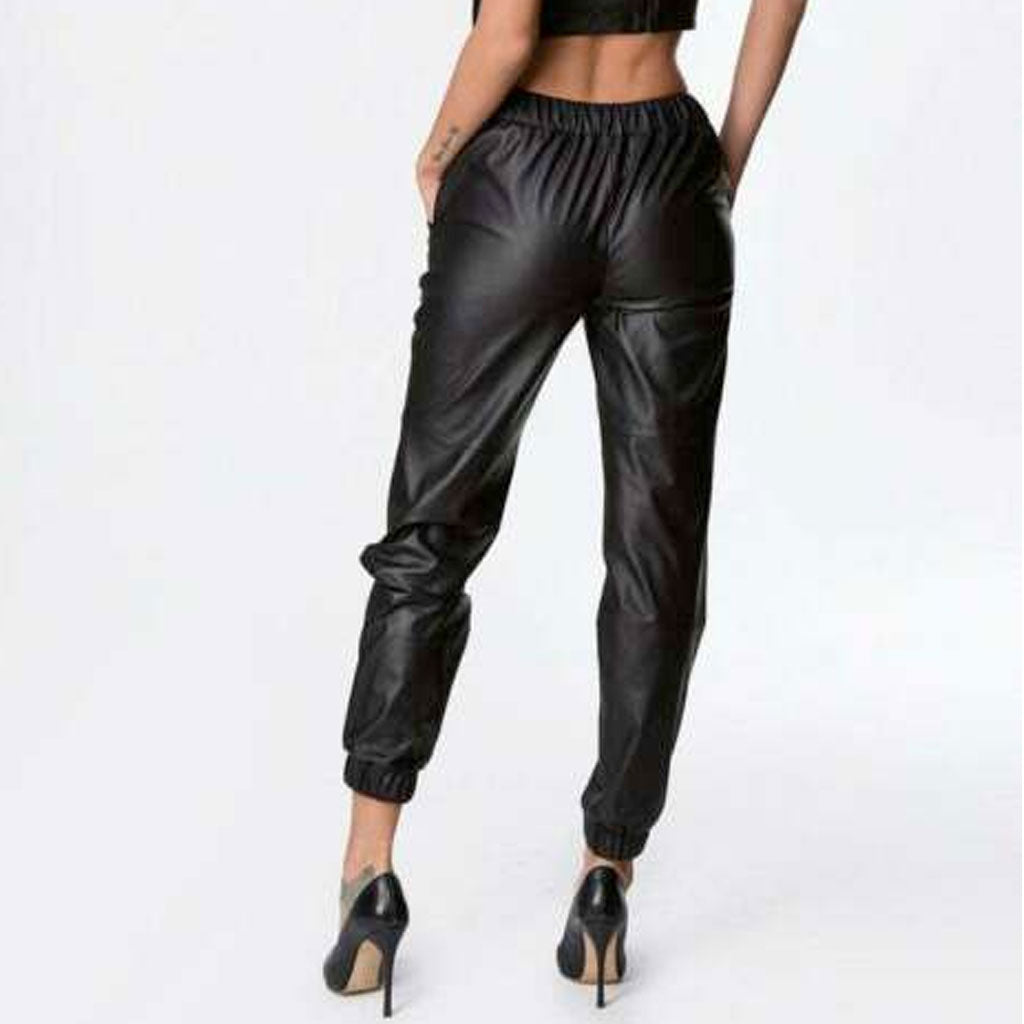 Leather Sweat Sexy Pants Women Casual High Waist Elastic Waistband - Luxurena Leather