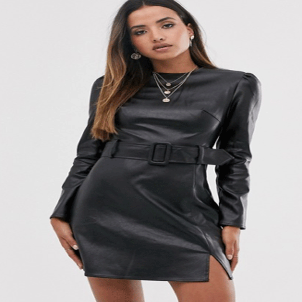 Women Genuine Leather Black Dress Short/Mini Bodycon Leather Overall With Belt - Luxurena Leather