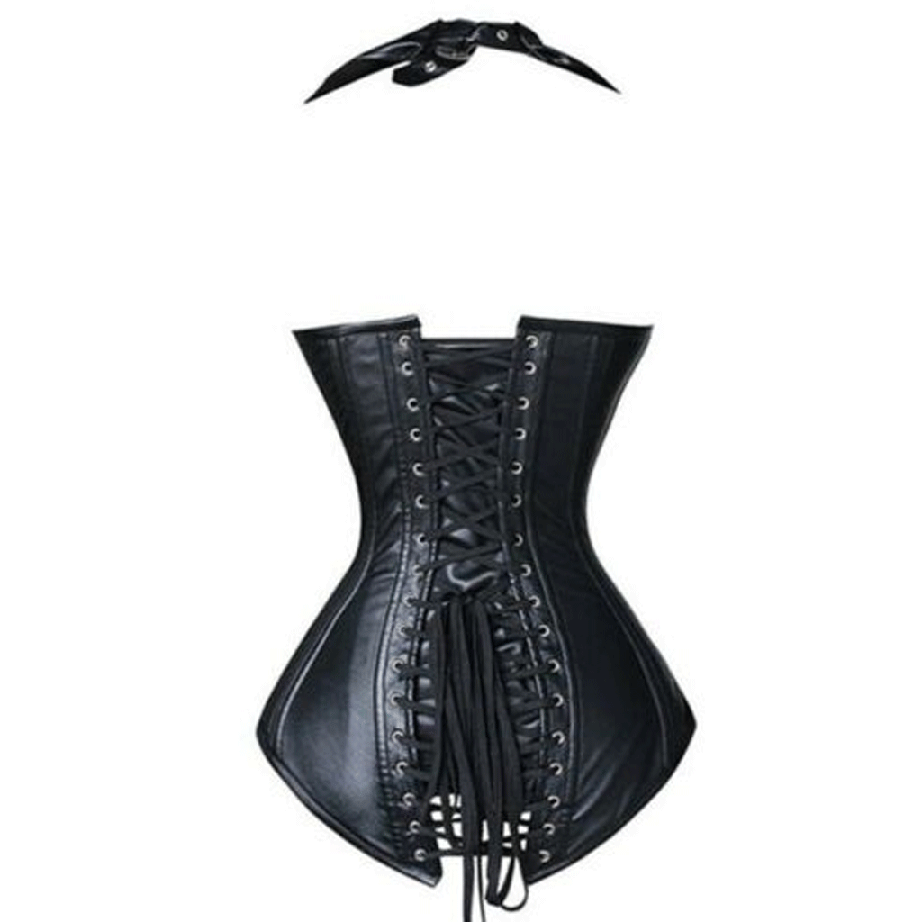 Women Genuine Leather Corset Gothic Sleeveless Backless Turn Down Collar Lace Up - Luxurena Leather
