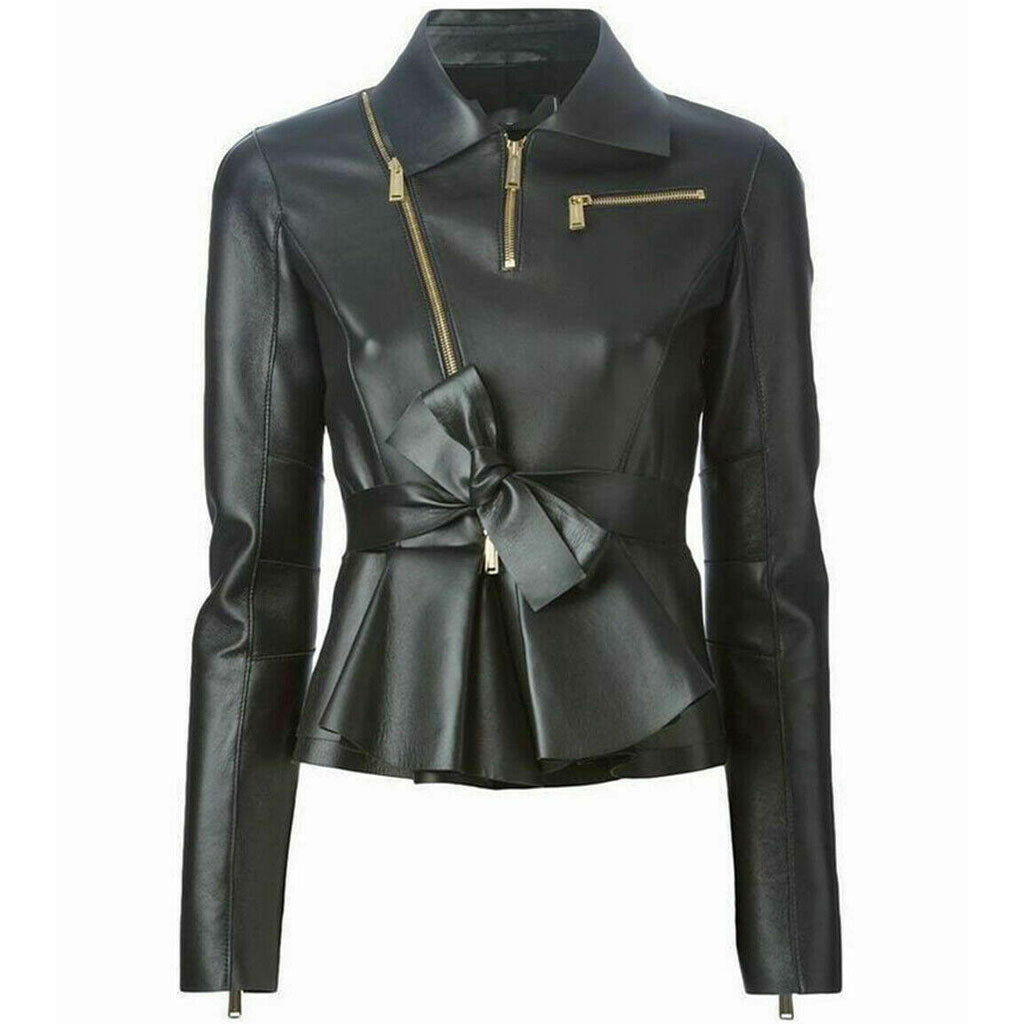 Slim Fit Fashion Peplum Jacket With Belt - Luxurena Leather