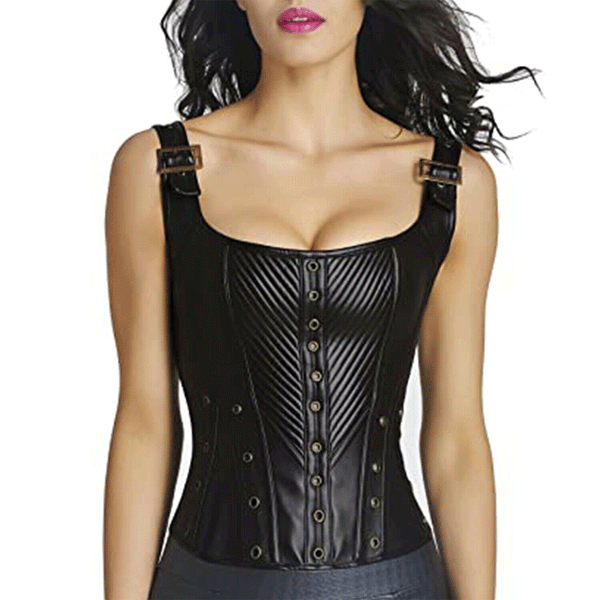 Womens Leather Top Halter Steel Boned Vest Steampunk Black Top Buckle up Corset