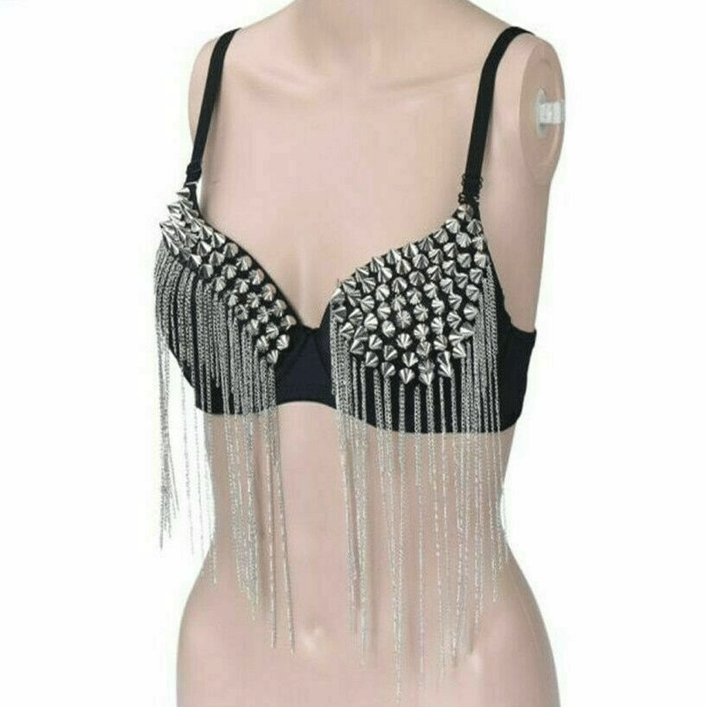 Sexy Rhinestone Silver Bra, Sequin Rivets Push Bra