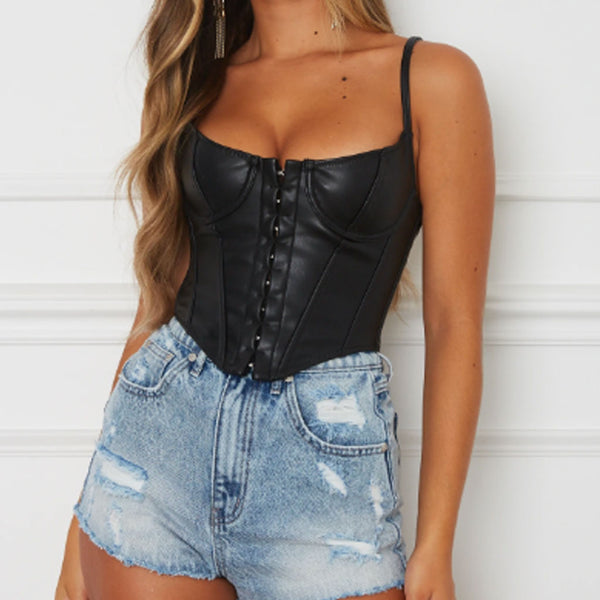 Women's Crop Top Black Underwired Soft Leather Bustier Corset