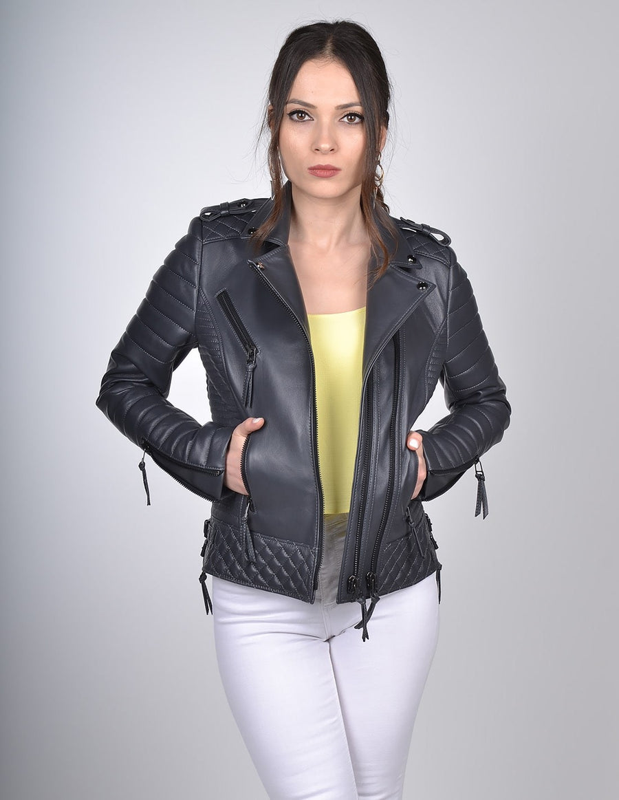 Women`s Antrasit Biker Leather Jacket