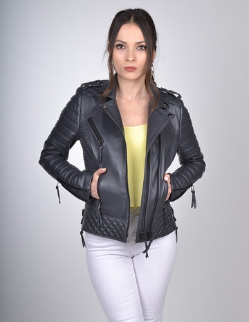 Women`s Antrasit Biker Leather Jacket