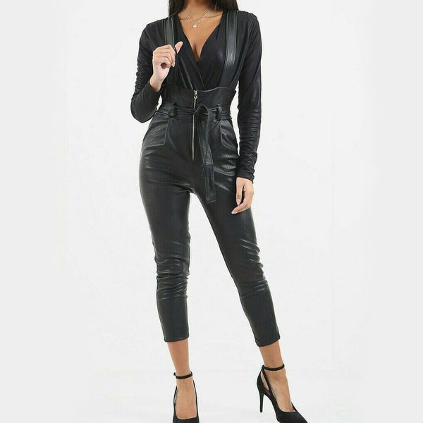 Women's Leather Dungaree Overall Jumpsuit Black Sliver Zipper & Leather Belt