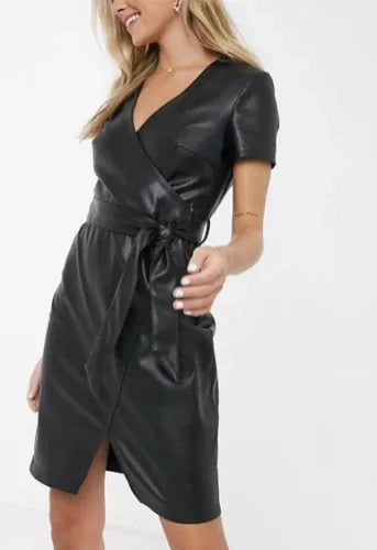Women Genuine Leather Black Dress Short Bodycon High Waist With Belt W