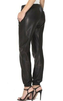 Women Genuine Leather Sweat Pants Jogger Black Slashed Pockets Elastic Waist Gym - Luxurena Leather