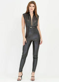 Women Soft Genuine Leather Black Catsuit Leather Overall Sleeveless Playsuit - Luxurena Leather