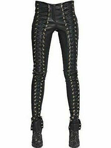 Spring Slim Fit Skinny Lace Up Punk Pants New Women Trousers Sexy Real Leather Pants - Luxurena Leather