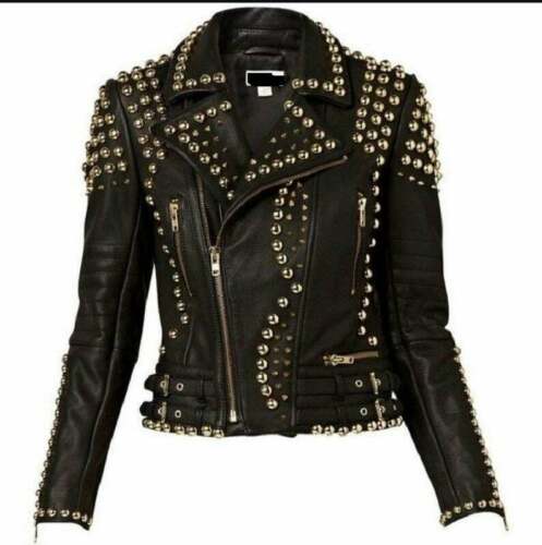 Women's Black Color Silver Studded Genuine Leather Biker Jacket - Luxurena Leather