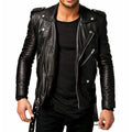 Men's Genuine Leather Slim Fit Fashion Belted Motorcycle Biker Black Jacket - Luxurena Leather