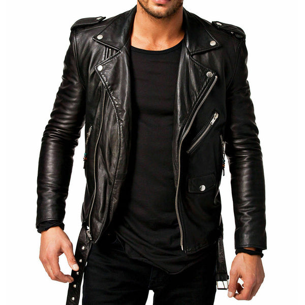 Men's Genuine Leather Slim Fit Fashion Belted Motorcycle Biker Black Jacket