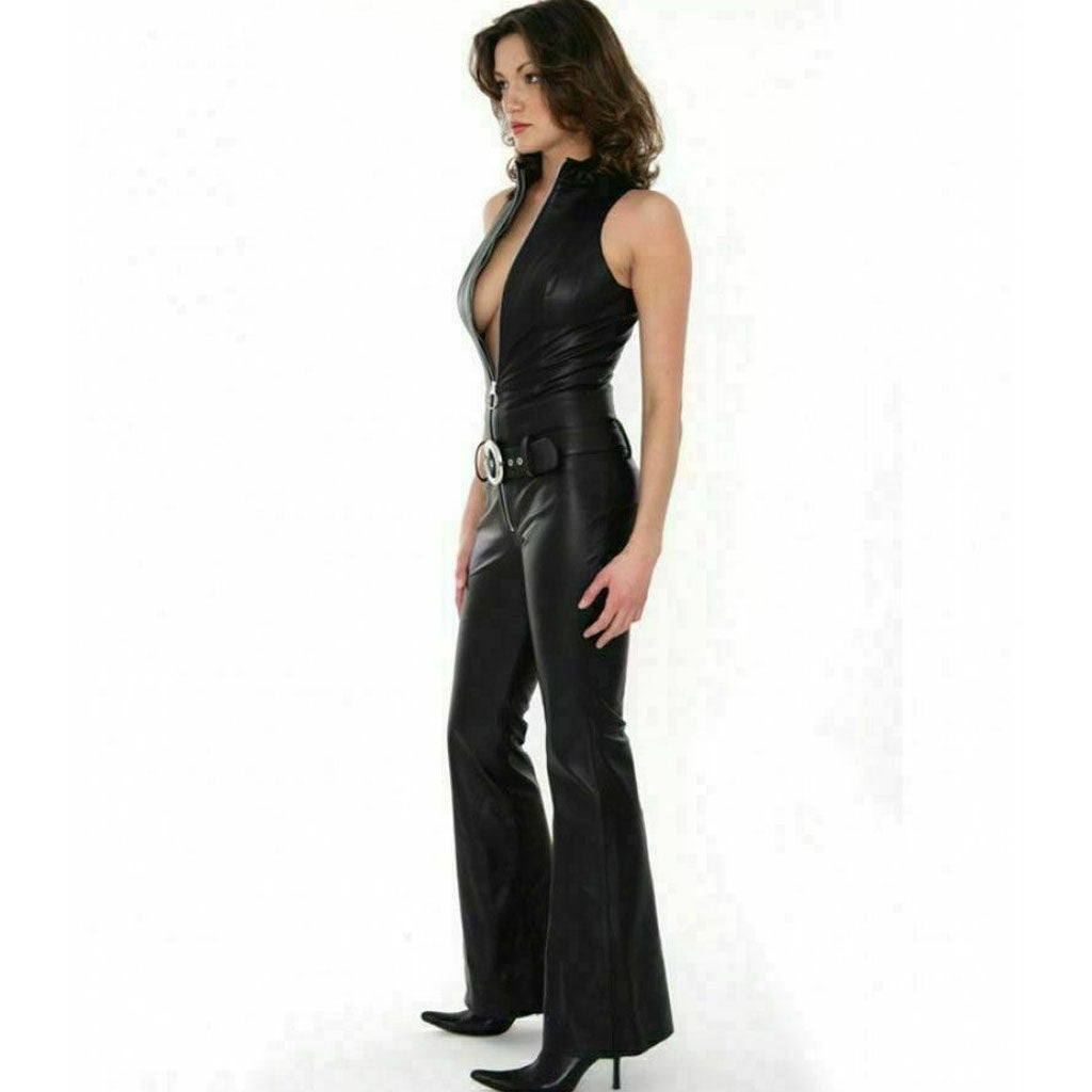 Sexy Catsuit Sleeveless Bell bottoms Hem Chic Leather Jumsuit - Luxurena Leather