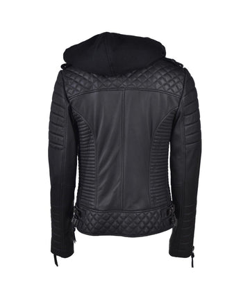 Women's Hooded Black Biker Leather Jacket