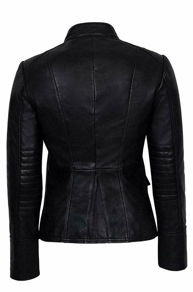 Black Military Women Top Parade Style Soft Real Nappa Genuine Leather Jacket - LuxurenaMall