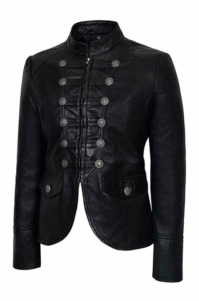 Black Military Women Top Parade Style Soft Real Nappa Genuine Leather Jacket - LuxurenaMall
