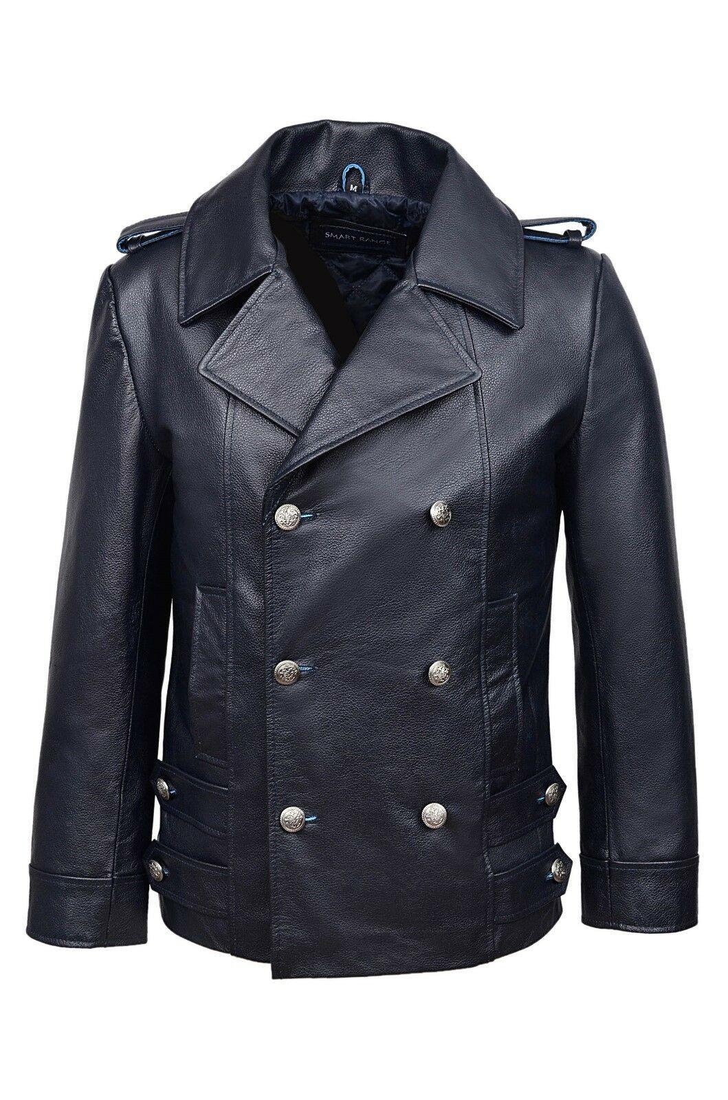 Classic German Naval Military Pea Coat Navy Blue Cowhide Leather Jacket - Luxurena Leather