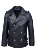 Classic German Naval Military Pea Coat Navy Blue Cowhide Leather Jacket - Luxurena Leather