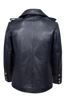 Classic German Naval Military Pea Coat Navy Blue Cowhide Leather Jacket - Luxurena Leather
