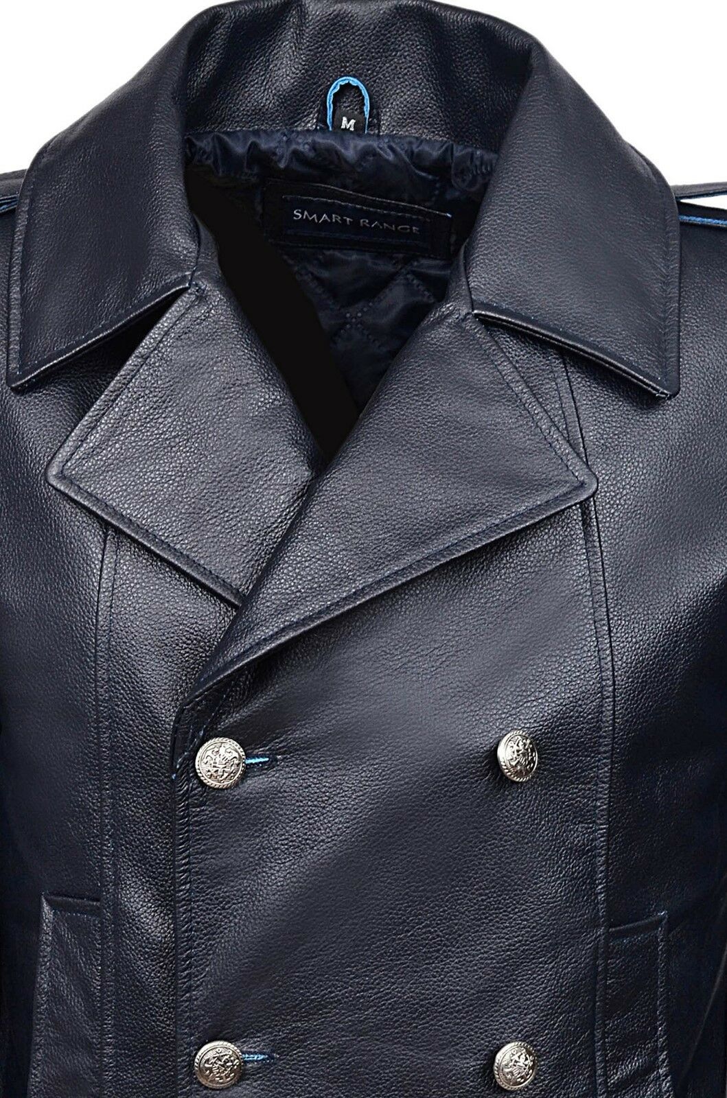 Classic German Naval Military Pea Coat Navy Blue Cowhide Leather Jacket - Luxurena Leather