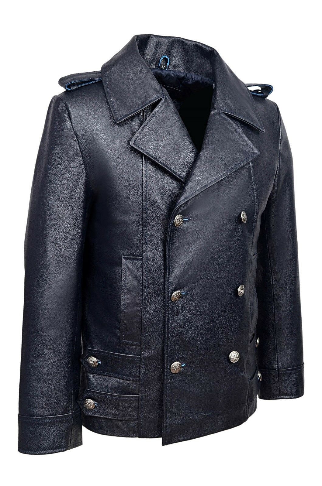 Classic German Naval Military Pea Coat Navy Blue Cowhide Leather Jacket - Luxurena Leather