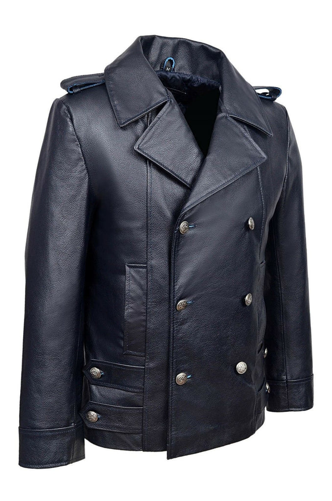 Classic German Naval Military Pea Coat Navy Blue Cowhide Leather Jacket - Luxurena Leather