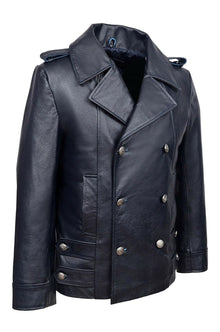 Classic German Naval Military Pea Coat Navy Blue Cowhide Leather Jacket - Luxurena Leather