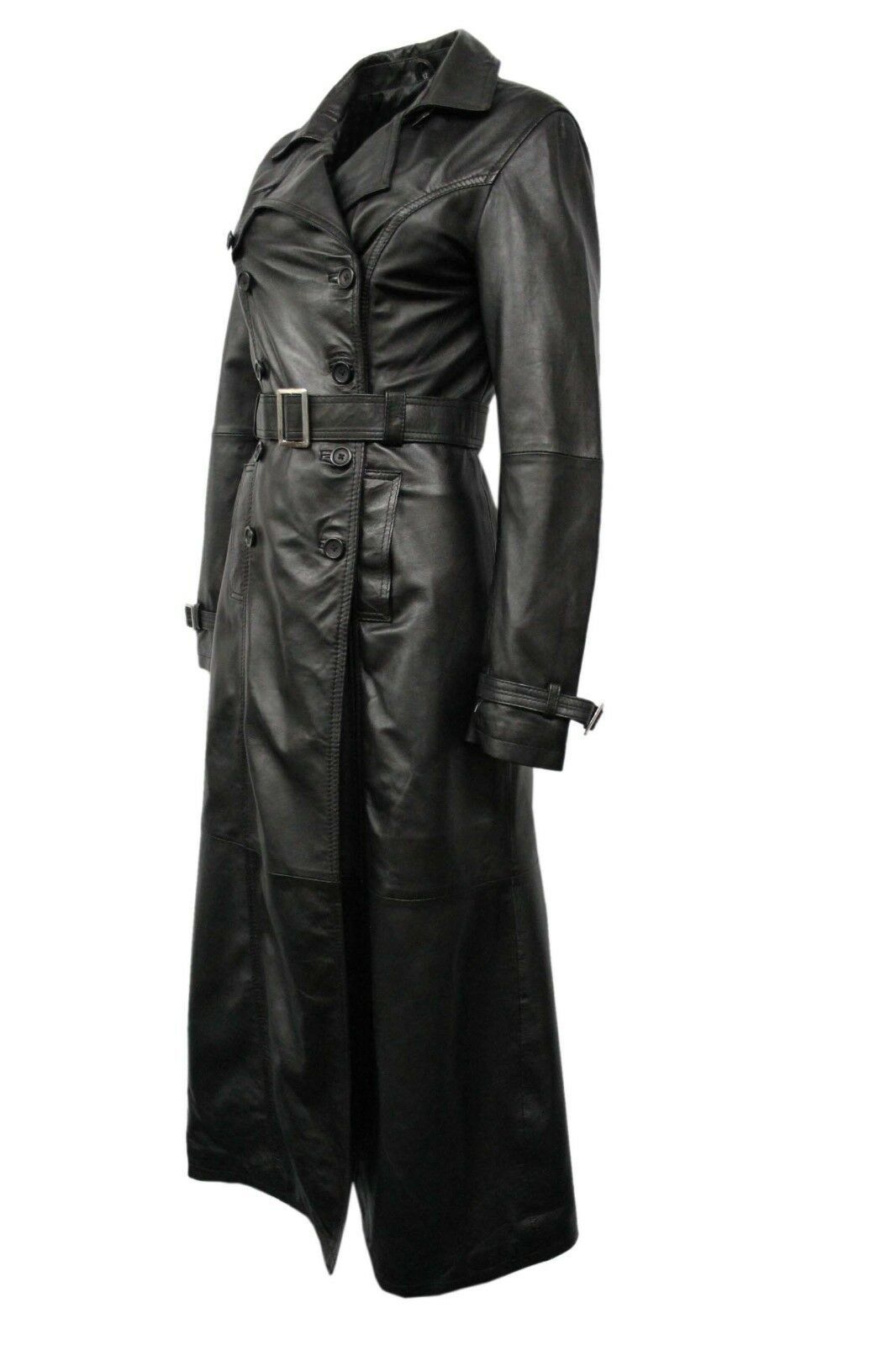 Ladies Black Casual Full Length Trench Style Fitted Nappa Leather Jacket - Luxurena Leather