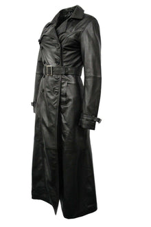 Ladies Black Casual Full Length Trench Style Fitted Nappa Leather Jacket - Luxurena Leather