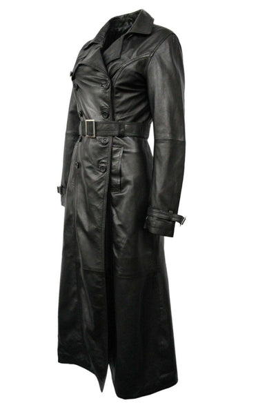 Women's Casual Full Length Trench Style Fitted Leather Jacket
