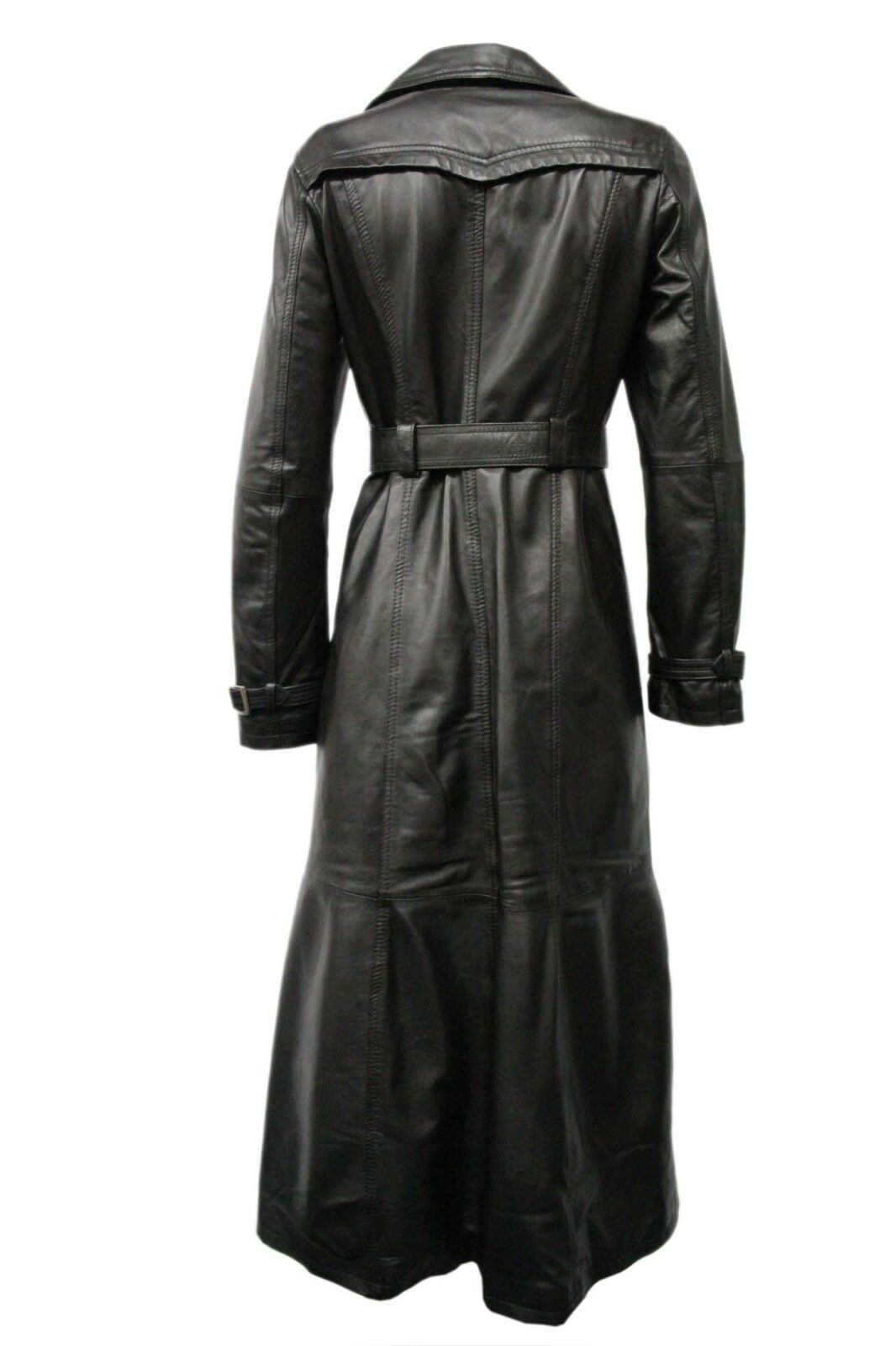 Ladies Black Casual Full Length Trench Style Fitted Nappa Leather Jacket - Luxurena Leather