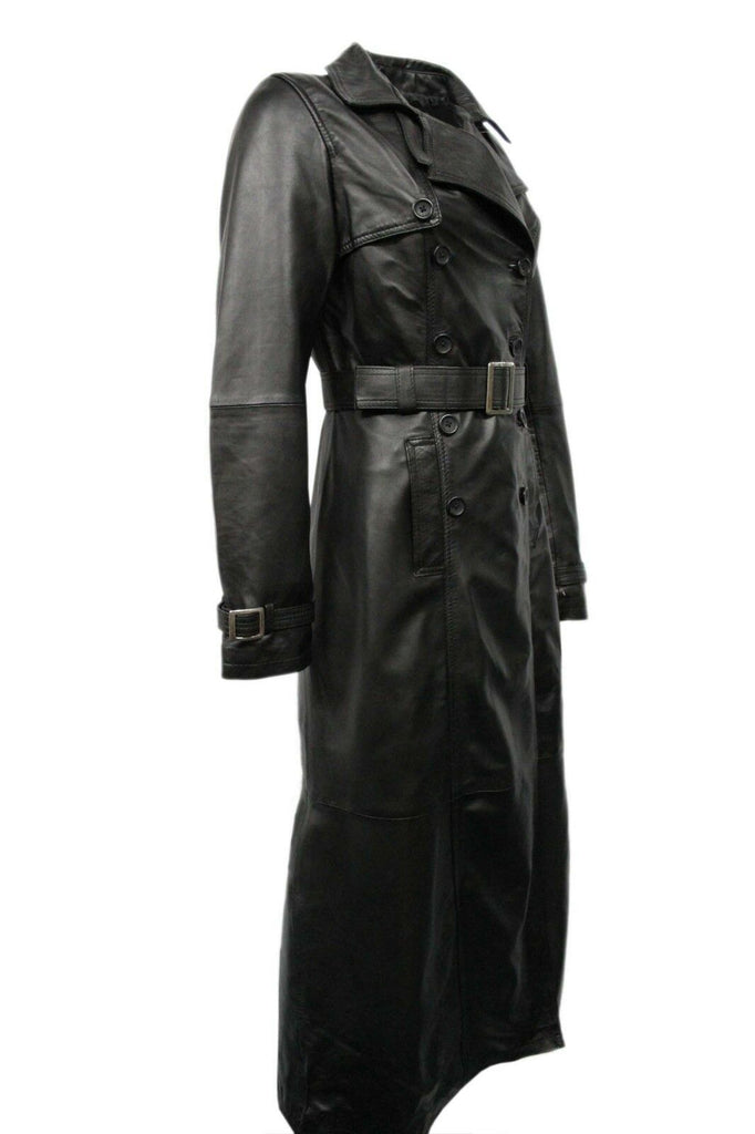 Ladies Black Casual Full Length Trench Style Fitted Nappa Leather Jacket - Luxurena Leather