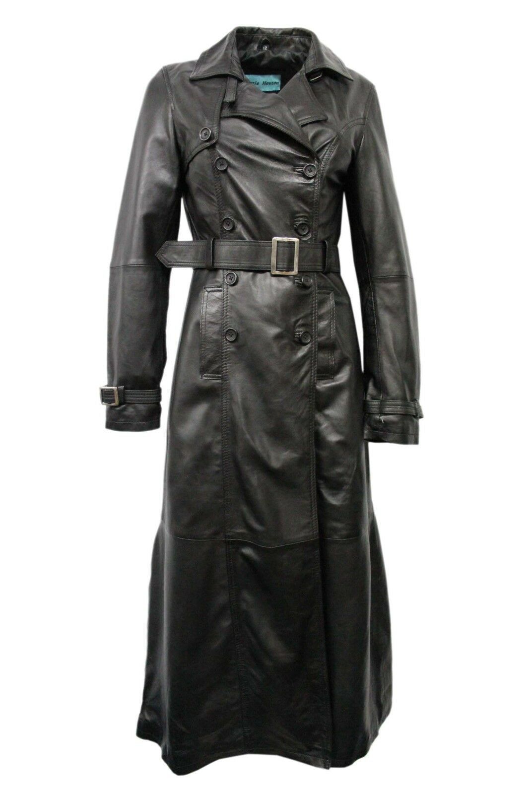 Ladies Black Casual Full Length Trench Style Fitted Nappa Leather Jacket - Luxurena Leather