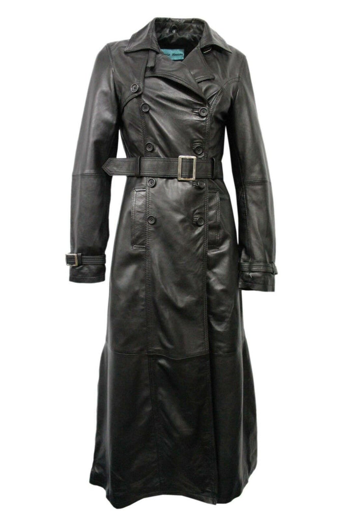 Ladies Black Casual Full Length Trench Style Fitted Nappa Leather Jacket - Luxurena Leather