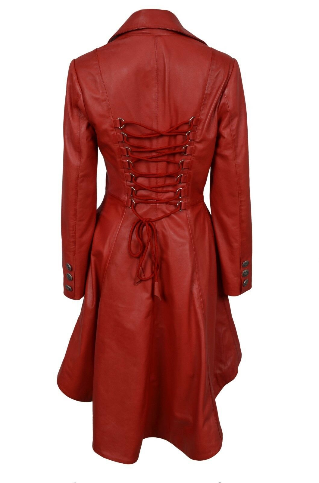 Ladies Gothic Red Knee Length Women Coat Style Fitted Nappa Leather Jacket - LuxurenaMall