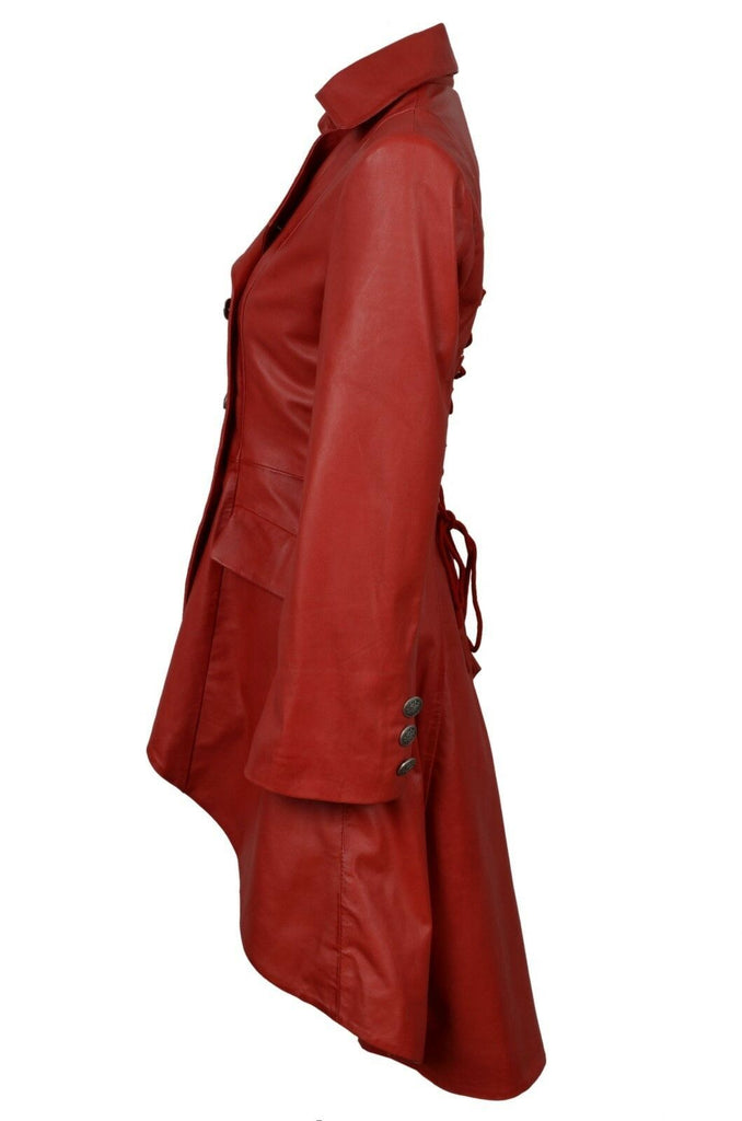 Ladies Gothic Red Knee Length Women Coat Style Fitted Nappa Leather Jacket - LuxurenaMall