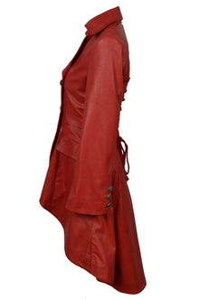 Ladies Gothic Red Knee Length Women Coat Style Fitted Nappa Leather Jacket - LuxurenaMall
