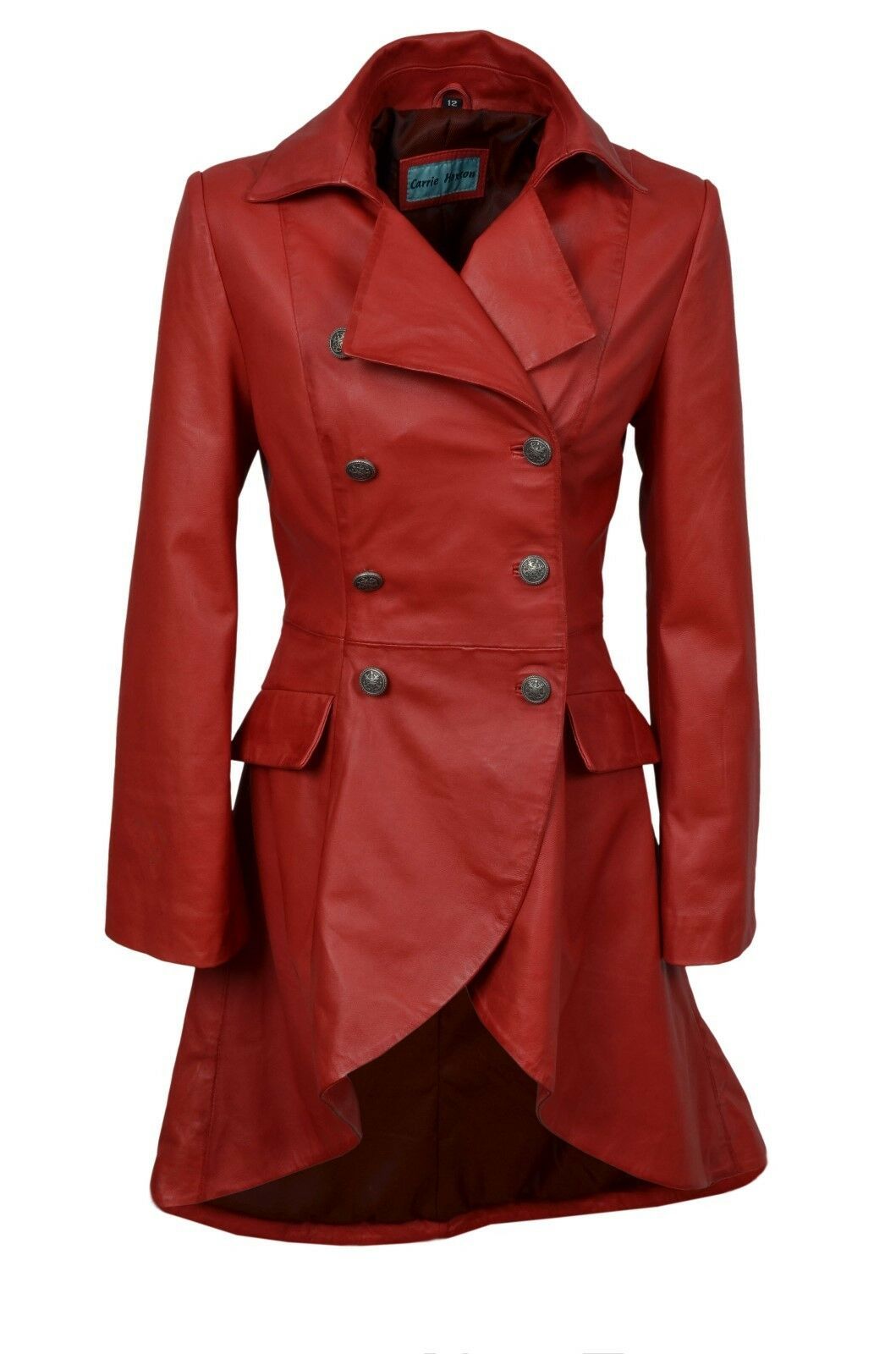 Ladies Gothic Red Knee Length Women Coat Style Fitted Nappa Leather Jacket - LuxurenaMall